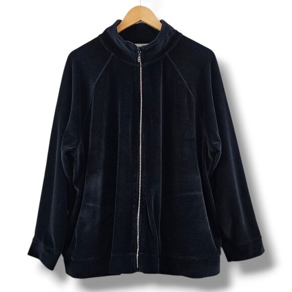 Kate Hill Black Velour Full Zip Jacket Size 3X Rhinestone Embellished Soft Comfy - Picture 1 of 9